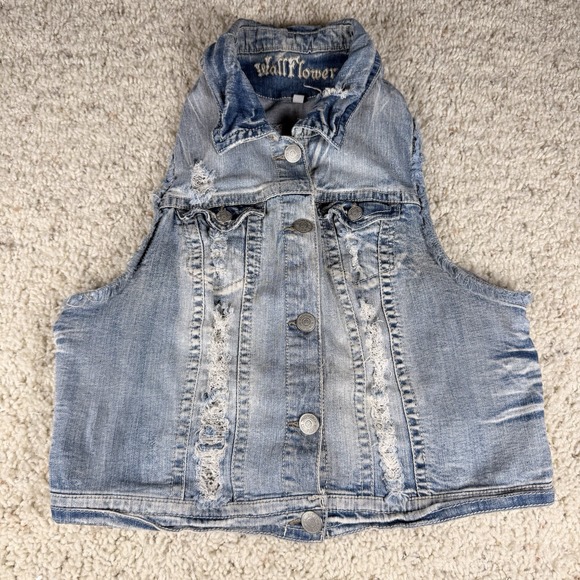 WallFlower Women's Size 1X Distressed Denim Stretch Vest Jean Jacket - Picture 1 of 7